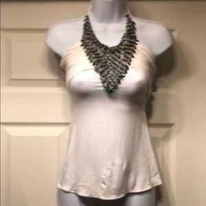 Sky XS White with Green & Silver Halter Back Top